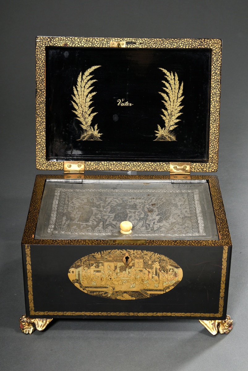 Lacquer tea chest with mythical creature feet, reserves in gold lacquer "animated courtly scenes",  - Image 2 of 9