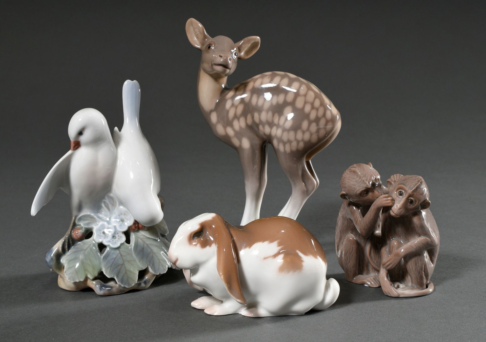 4 Various porcelain figures "Pair of Birds", "Pair of Monkeys", "Ram Rabbit" and "Standing Stag" wi