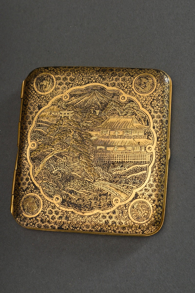 2 assorted Komai cigarette cases, etched decorations "Geishas playing music/harbour scene with Fuji - Image 5 of 6