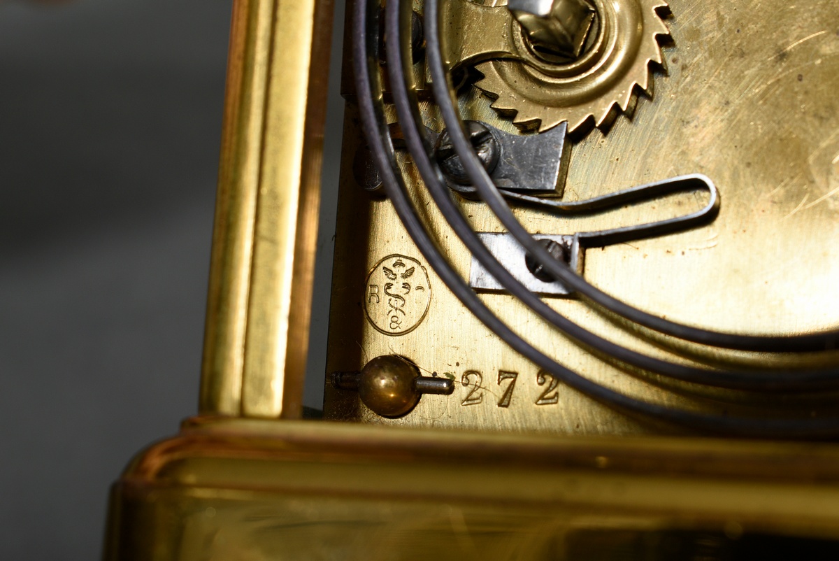 French travelling clock with enamel dial in gilded brass case glazed on all sides, movement with re - Image 6 of 10