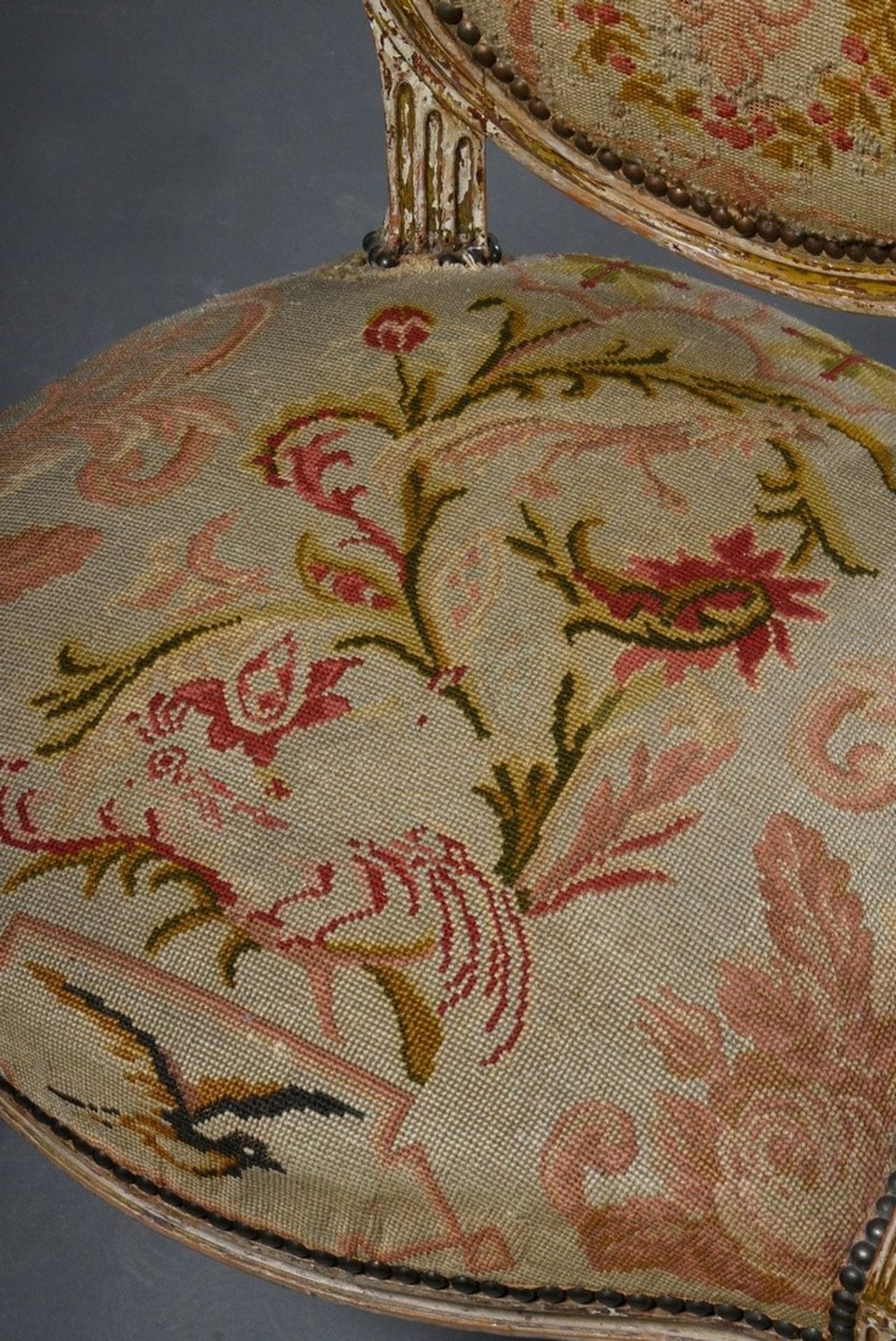 Louis XVI armchair with medallion back and fluted legs and floral embroidery cover, wood with remna - Image 3 of 6