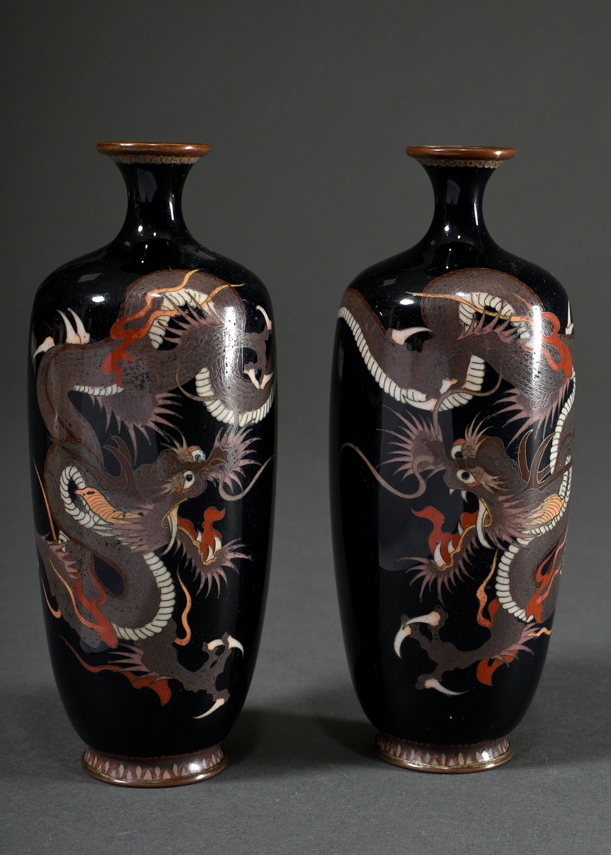 Pair of fine Japanese cloisonné vase "Dragon" on black background, maker's mark on the bottom, Meij
