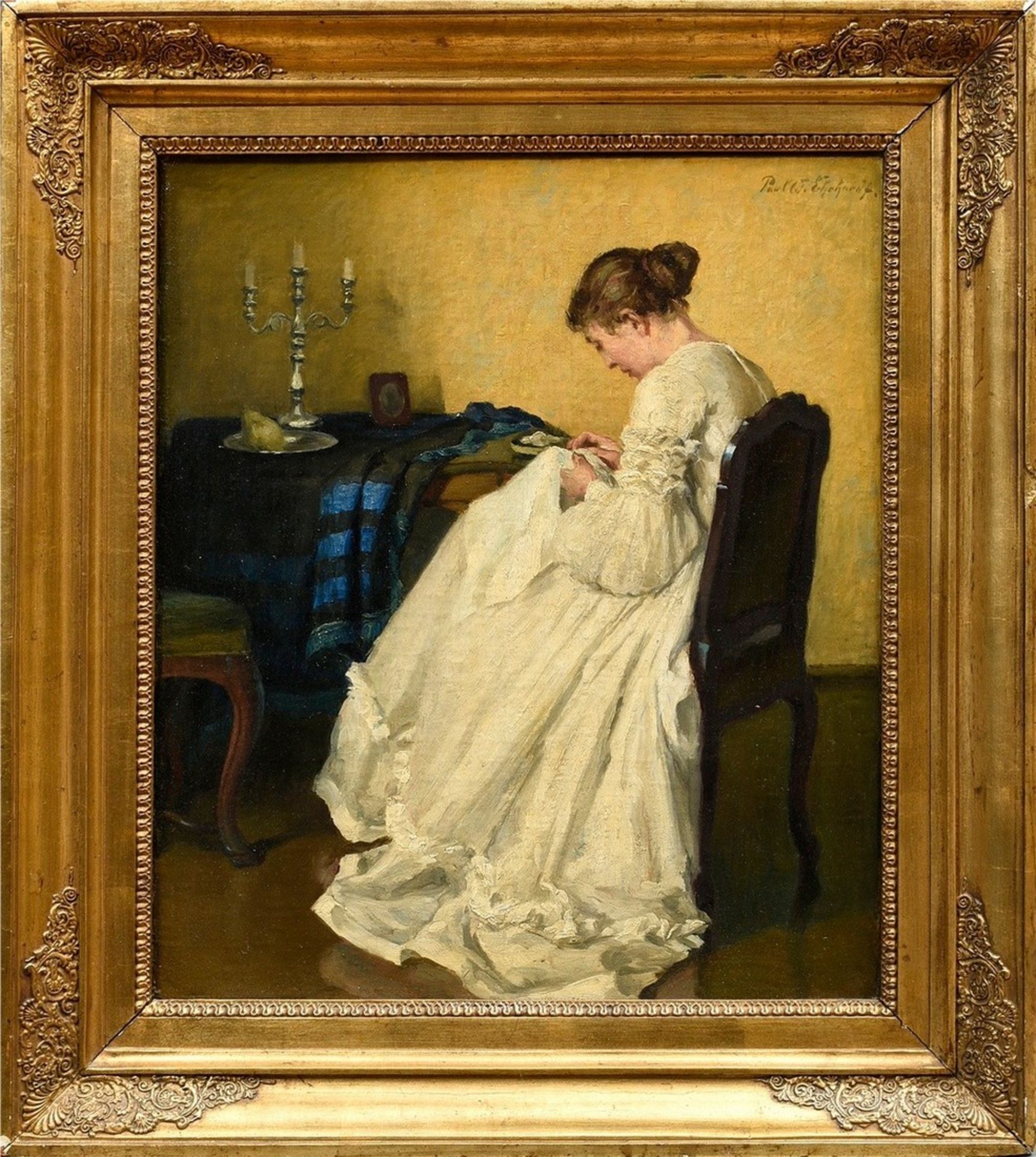 Ehrhardt, Paul Walter (1872-1959) "Sewing" 1934, oil/canvas, sign. top .r., dat./marked/tit. on ver - Image 2 of 6