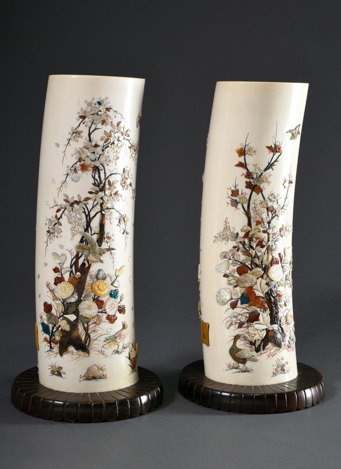 Pair of important Shibayama Okimono "Birds and Plants", ivory with fine carved and engraved mother-