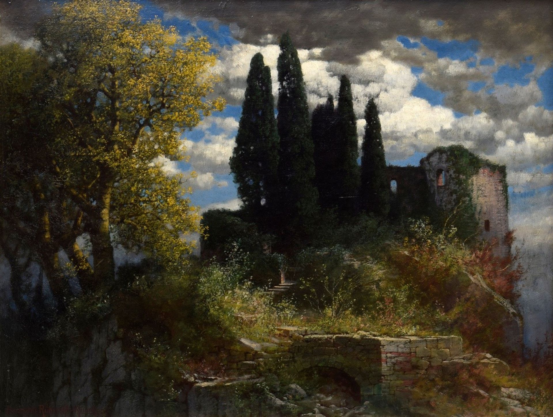 Rüdisühli, Hermann Traugott (1864-1944) "Cypresses in front of castle ruins", oil/plate, sign. b.l.
