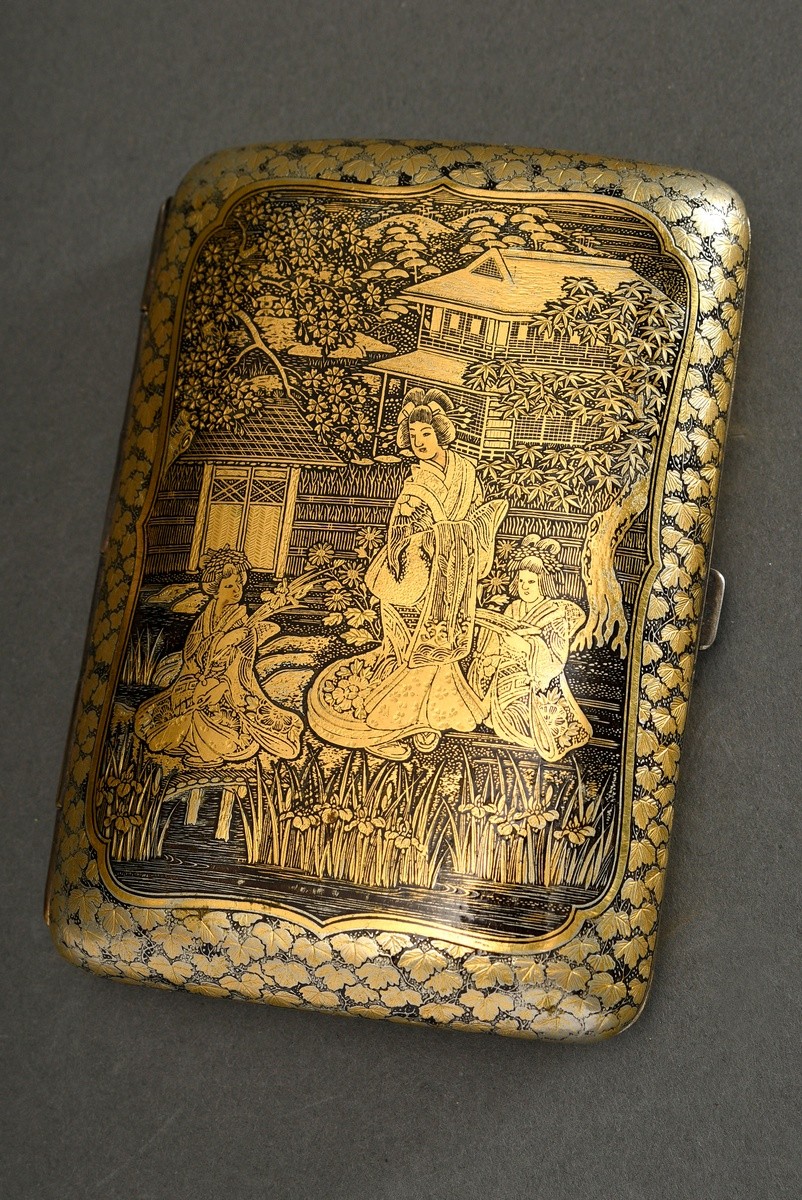 2 assorted Komai cigarette cases, etched decorations "Geishas playing music/harbour scene with Fuji - Image 2 of 6