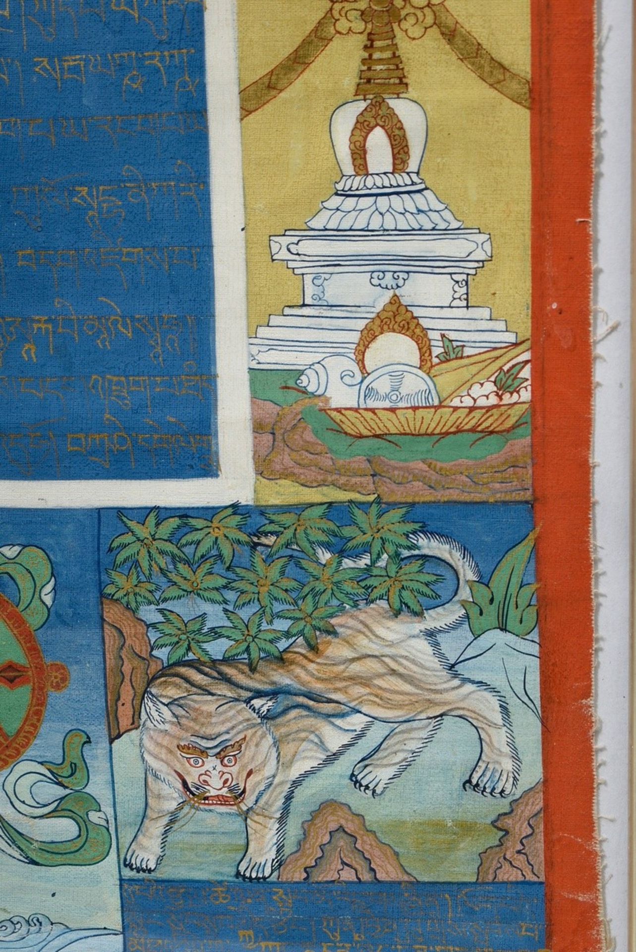 Tibetan thangka with central "Wind Horse" depiction, framed by prayer texts, Buddhist symbols, Bodh - Image 4 of 5