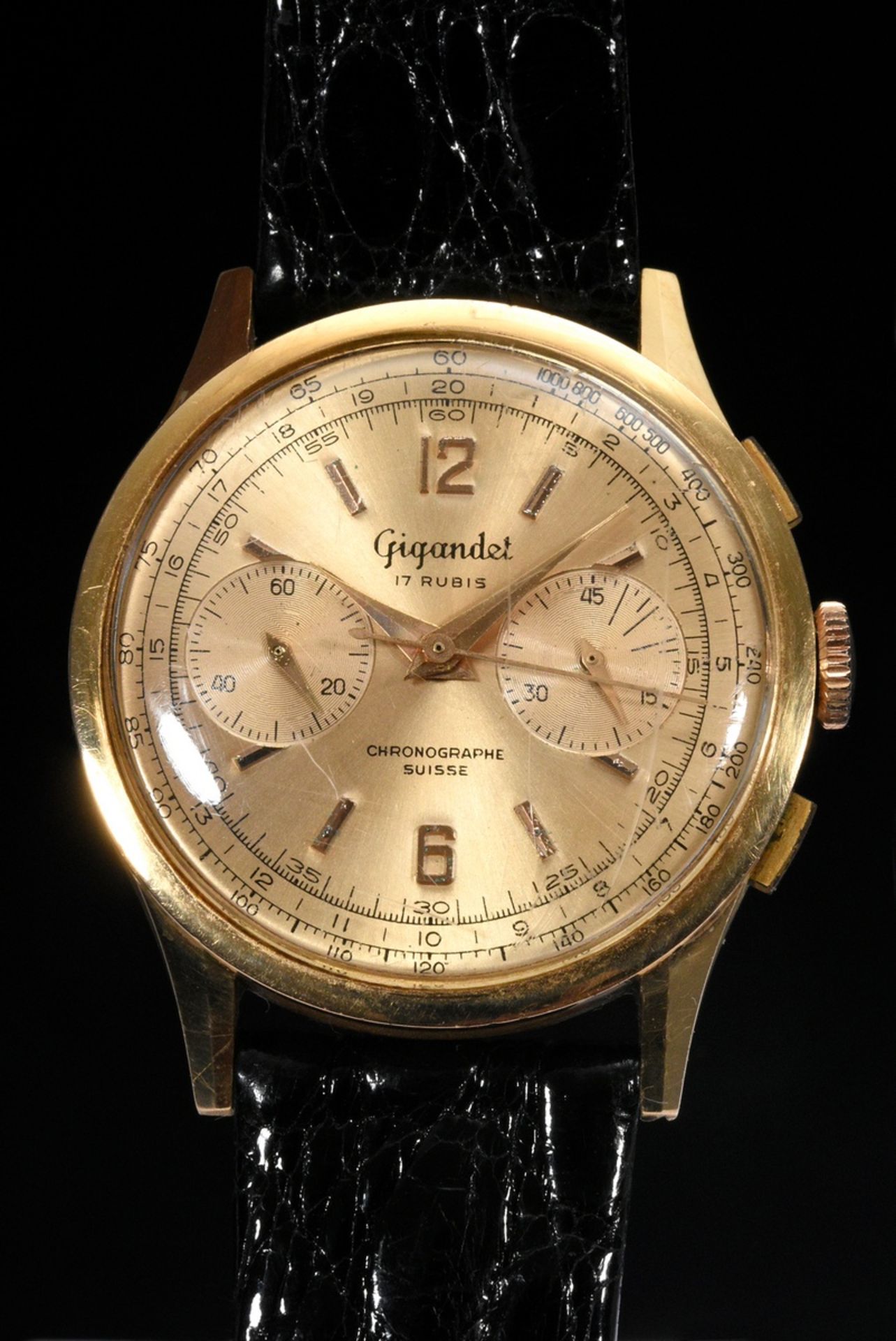 Gelbgold 750 Gigandet Swiss Chronograph, Handaufzug, 2 vergoldete Totalisatoren für Sekunden und Mi