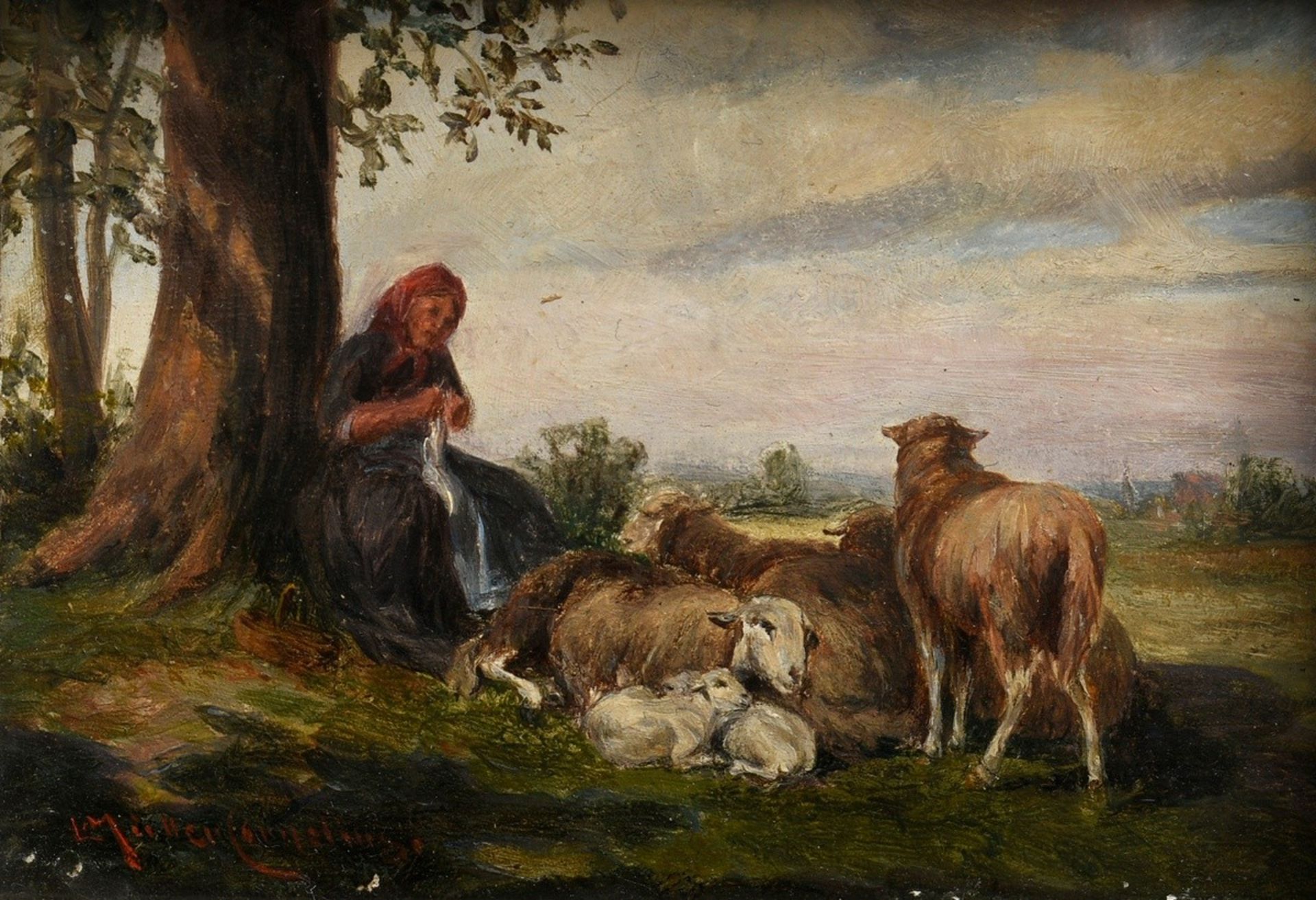 Müller-Cornelius, Ludwig (1864-1946) "Shepherdess with herd at rest", oil/wood, sign. on the lower 