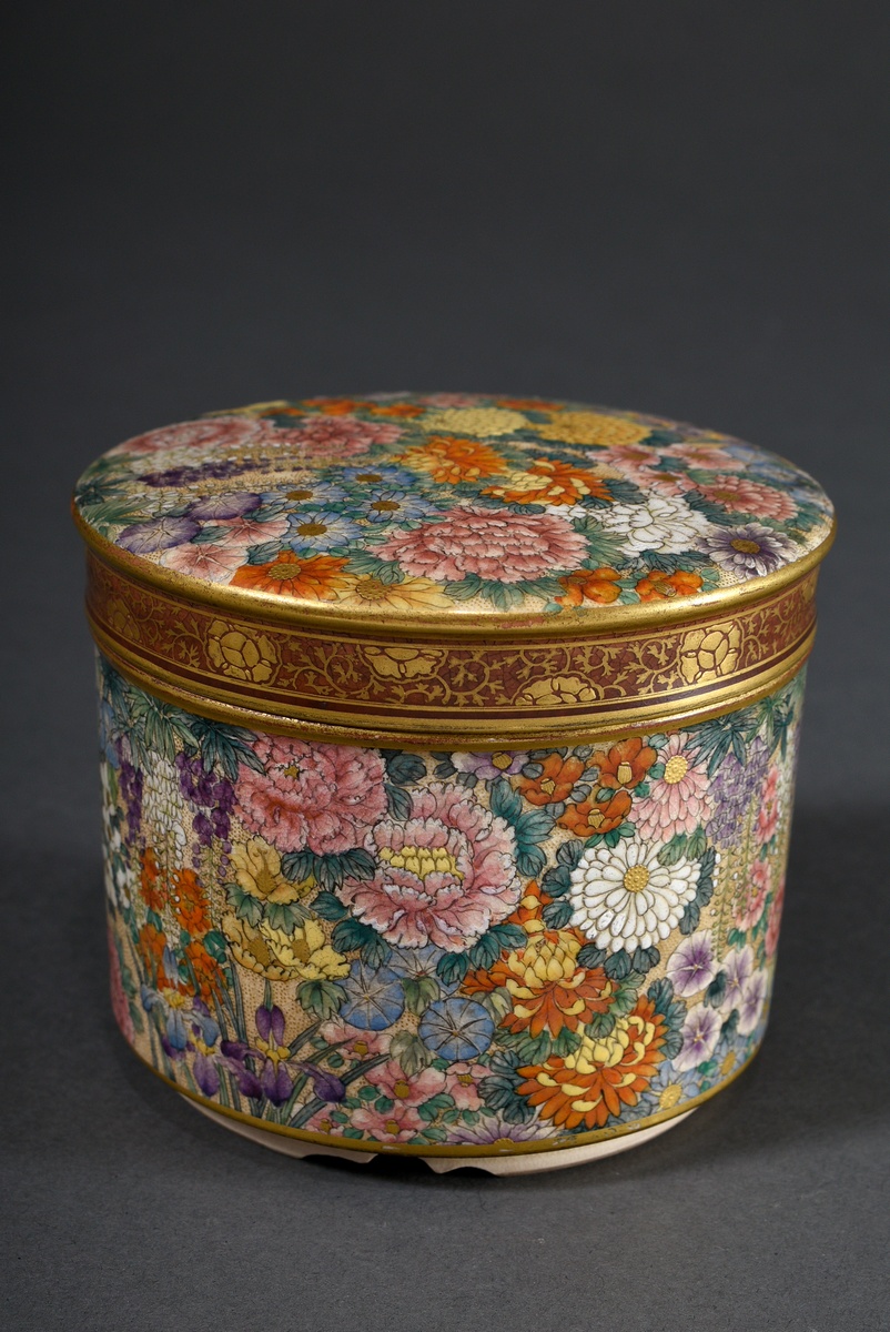 Cylindrical Satsuma box with finely detailed millefleur decoration and partial gilding, Japan Meiji - Image 2 of 6