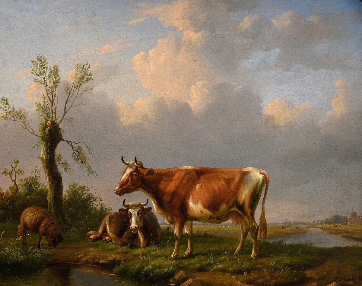 Verwée, Louis Pierre (1807-1877) "Landscape with Cows and Sheep" 1846, oil/wood, lower right sign./