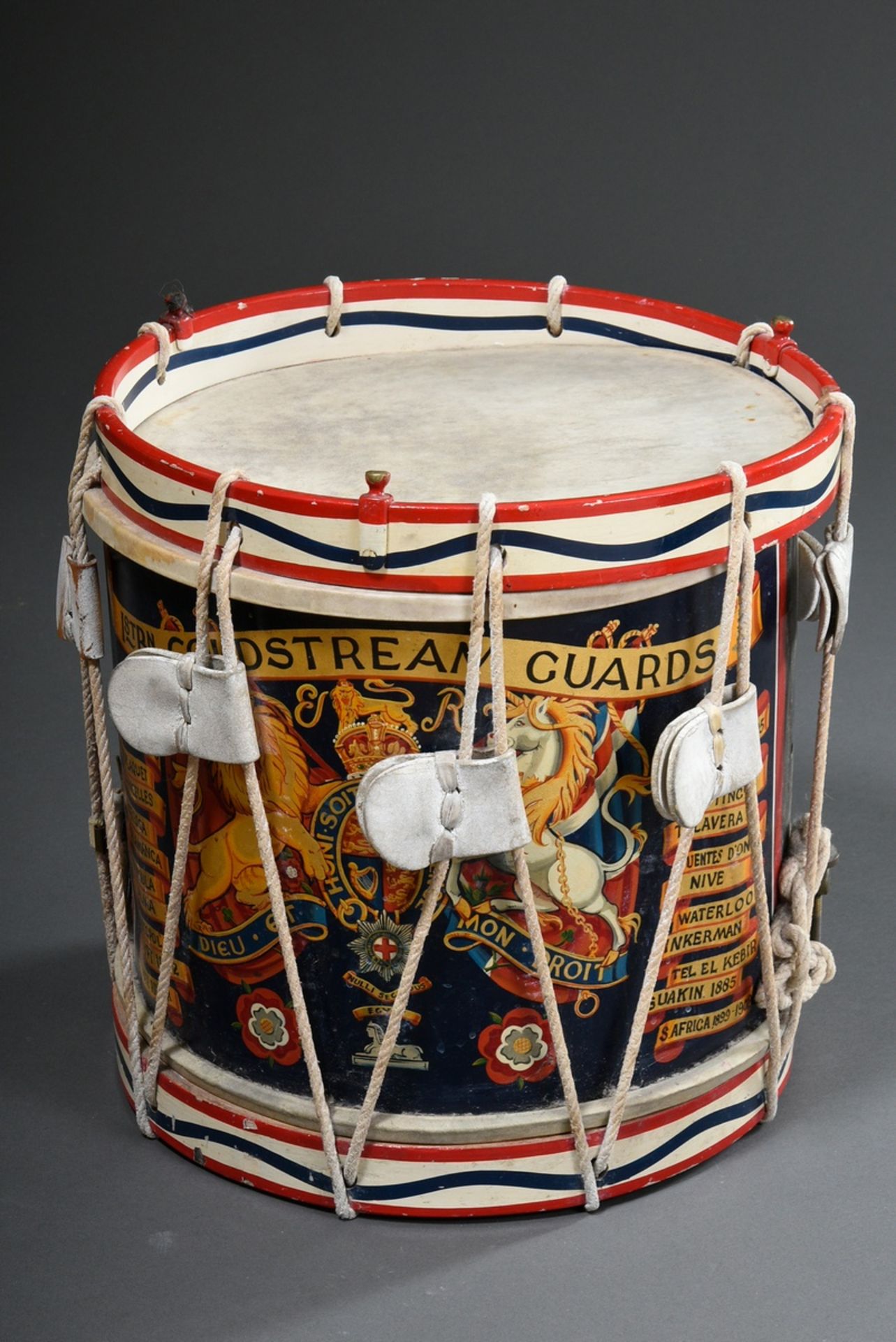 English regimental drum "1st Battalion Coldstream Guards", laterally inscribed :. : "Tangier 1680,  - Image 2 of 6