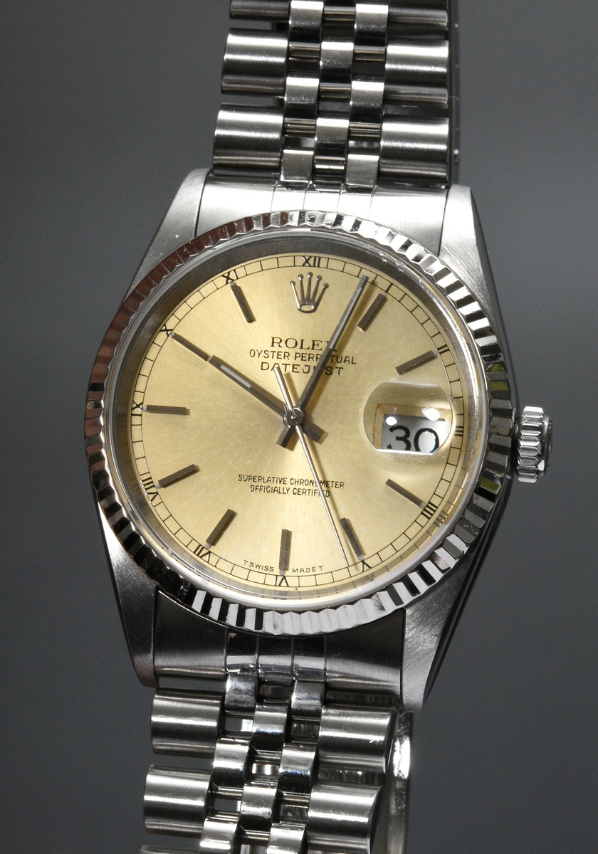 Rolex "Oyster Perpetual Datejust" stainless steel wristwatch, automatic movement, gold-plated dial 