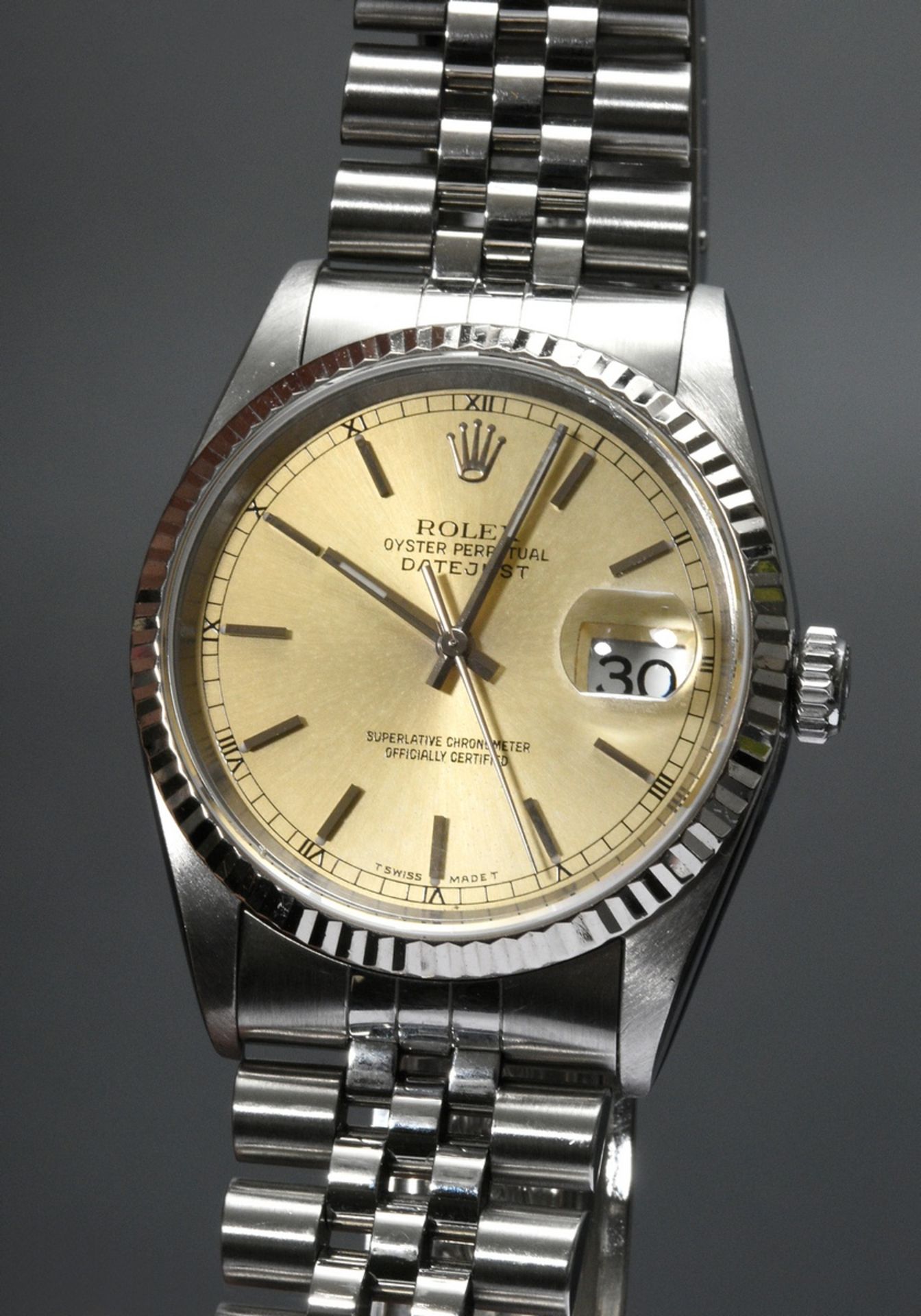 Rolex "Oyster Perpetual Datejust" Edelstahl Armbanduhr, Automatikwerk, vergoldetes Zifferblatt mit 