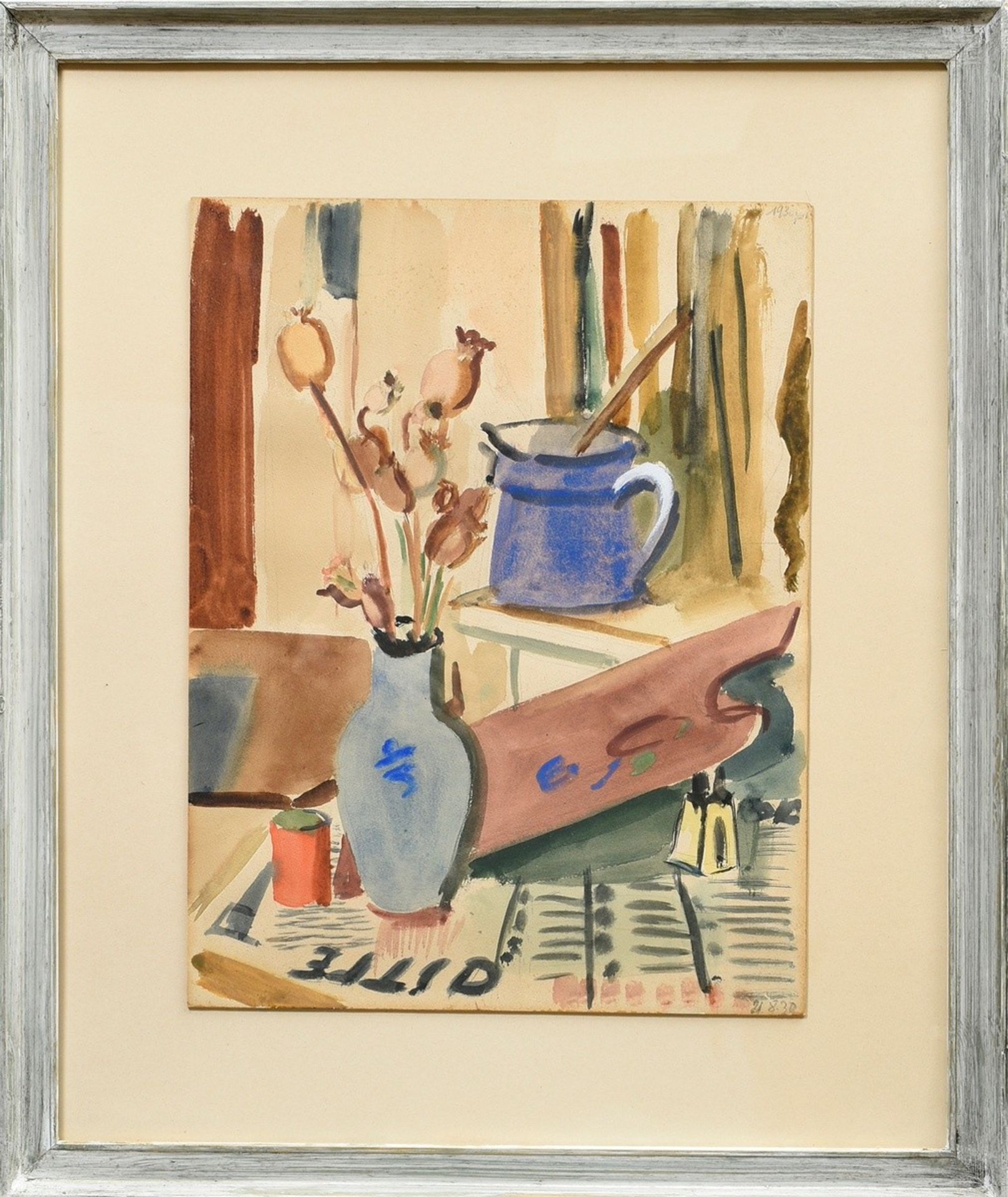 Hartmann, Erich (1886-1974) "Vase mit Mohnkapseln und Milchkrug" 1930, Bleistift/Aquarell/Pastellkr - Bild 2 aus 5