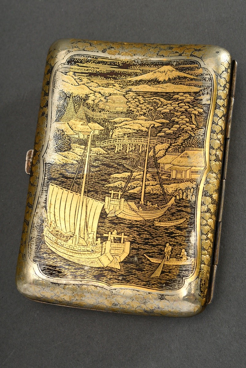 2 assorted Komai cigarette cases, etched decorations "Geishas playing music/harbour scene with Fuji - Image 3 of 6