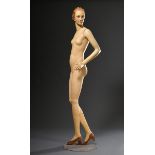 Halbmodell Schaufensterpuppe mit beweglichem Arm, Masse bemalt, 1930er Jahre, H. 168cm, starke Gebr