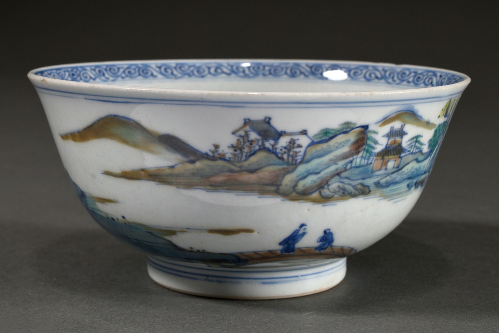 Bowl with doucai decoration "Mountain and lake landscape with staffage", China Qing Dynasty, h. 7.1 - Image 2 of 6