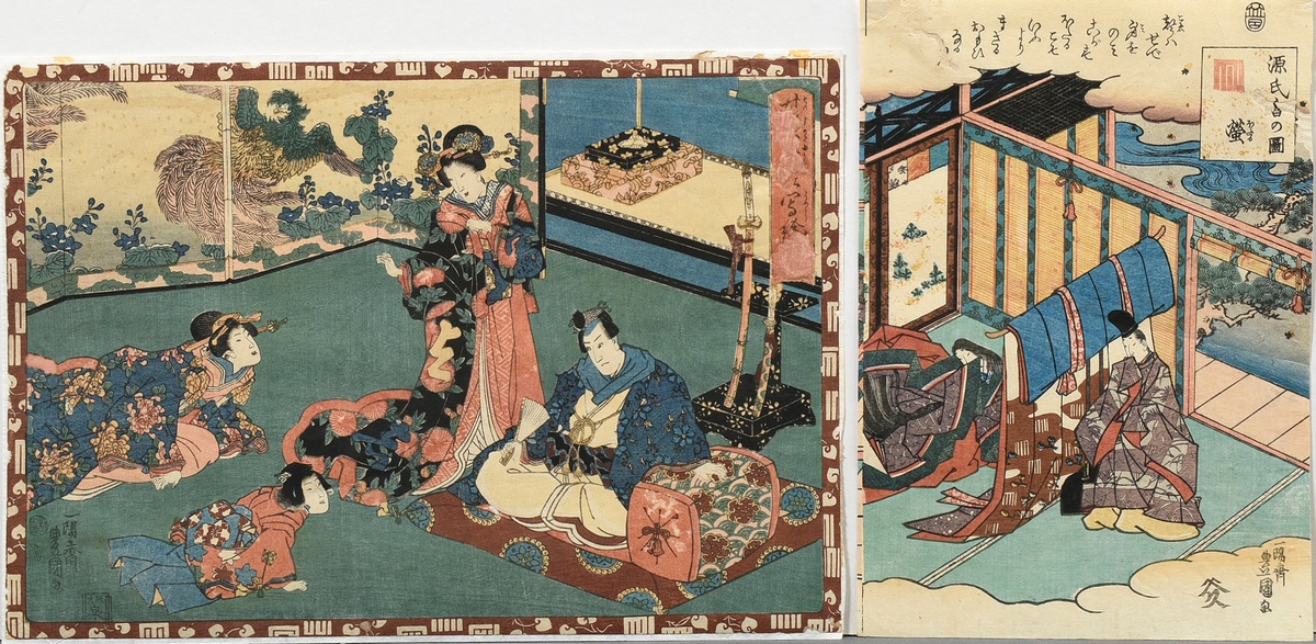 2 Woodcuts Ishiyosai Toyokuni, gen. Kunisada, from the Genji series, 34,5x23/18,5x26cm, defects, re