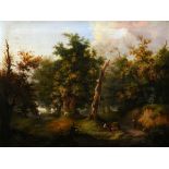 Unbekannter Maler des 19.Jh. "Waldszene mit Hirte und Kuh", Öl/Leinwand, 85,5x113cm (m.R. 99x126,5c