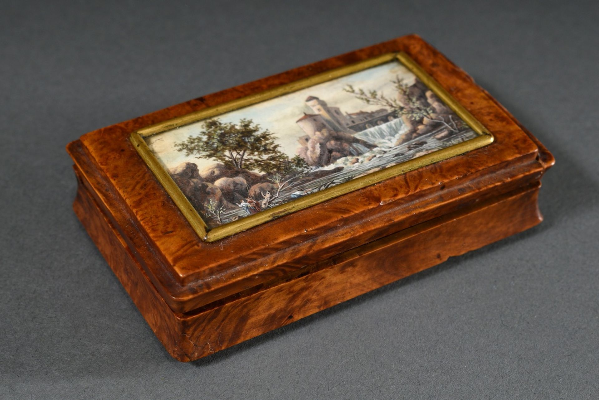 Boxwood box with finely painted miniature "Landscape with waterfall and staffage" in the lid and to