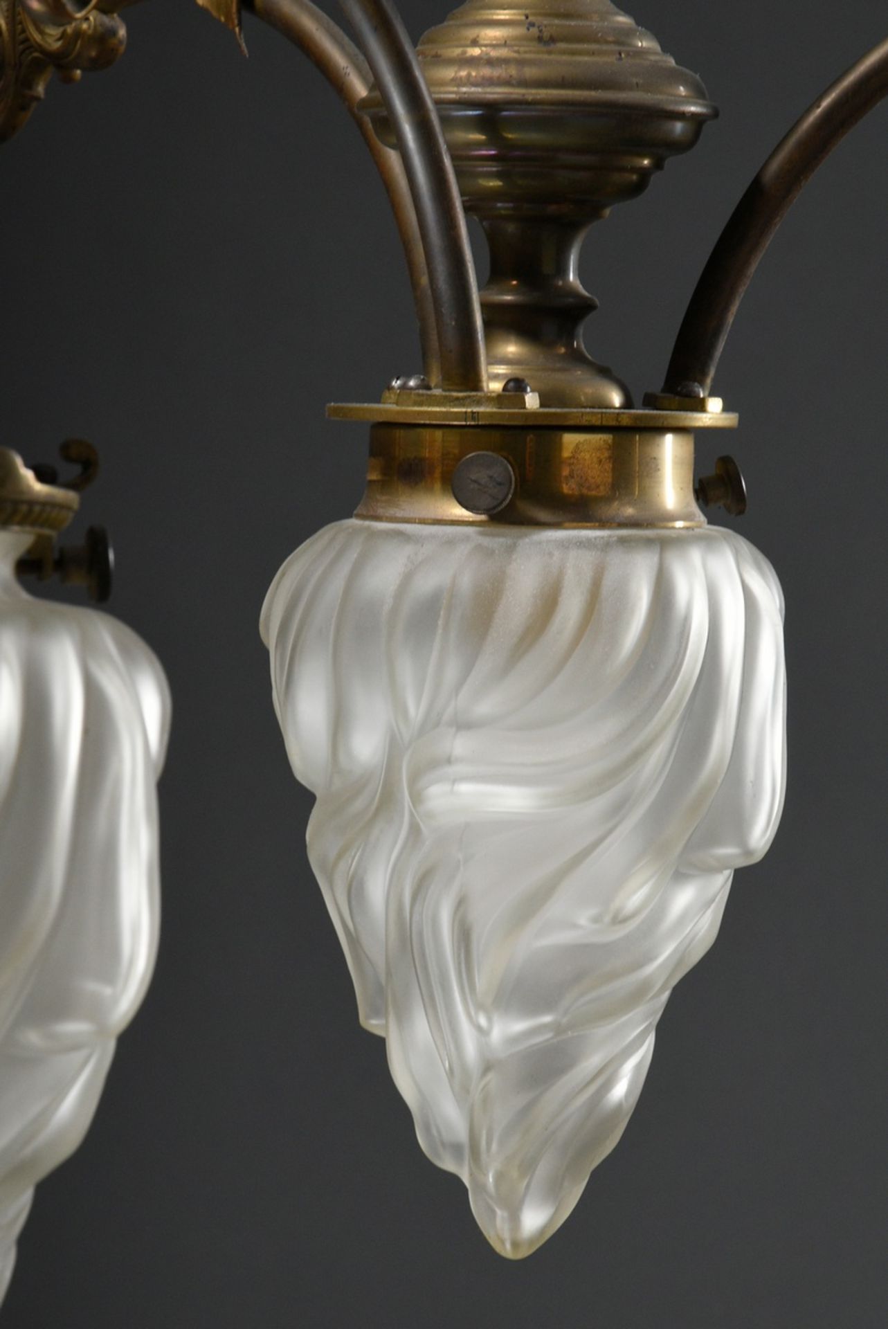 Wilhelminian period ceiling lamp with 4 frosted "flames" glass domes on brass frame with floral dec - Image 6 of 12