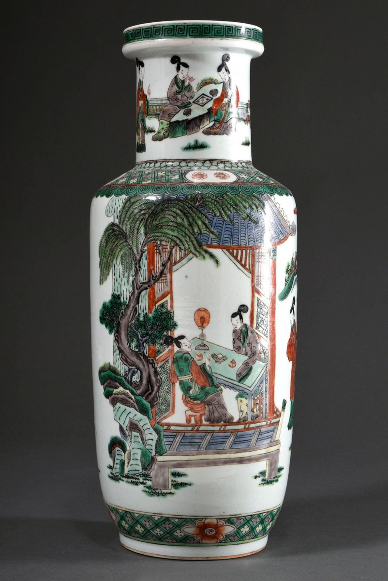 Large Rolleau vase with Kangxi style Famille Verte painting "Rural garden scene with high-ranking p