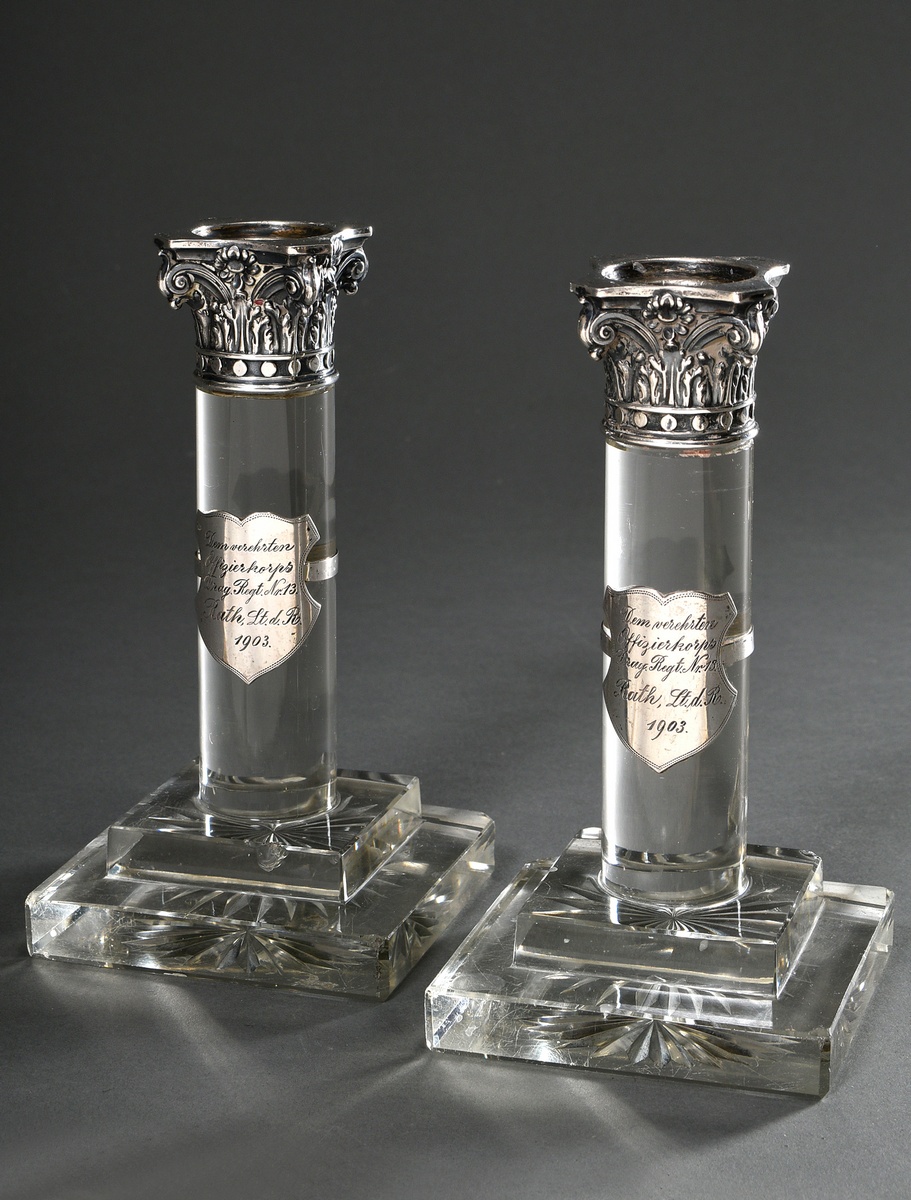 Pair of Corinthian column candlesticks as regimental gift with silver 800 cuffs and plaques with en