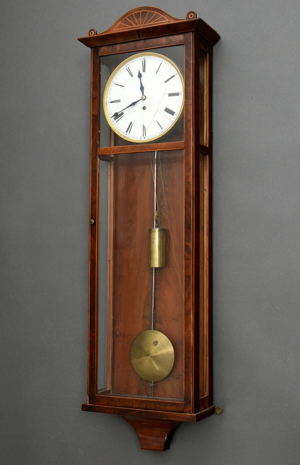 Viennese Laterndl clock in mahogany case with strap inlays, c. 1840, c. 90x27x12cm, dial and pendul