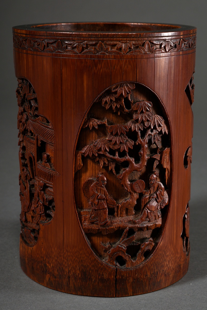 Chinese bamboo brush cup "Animated Landscape Sceneries/Phoenix, Butterfly and Deer" cut in reserves - Image 2 of 4