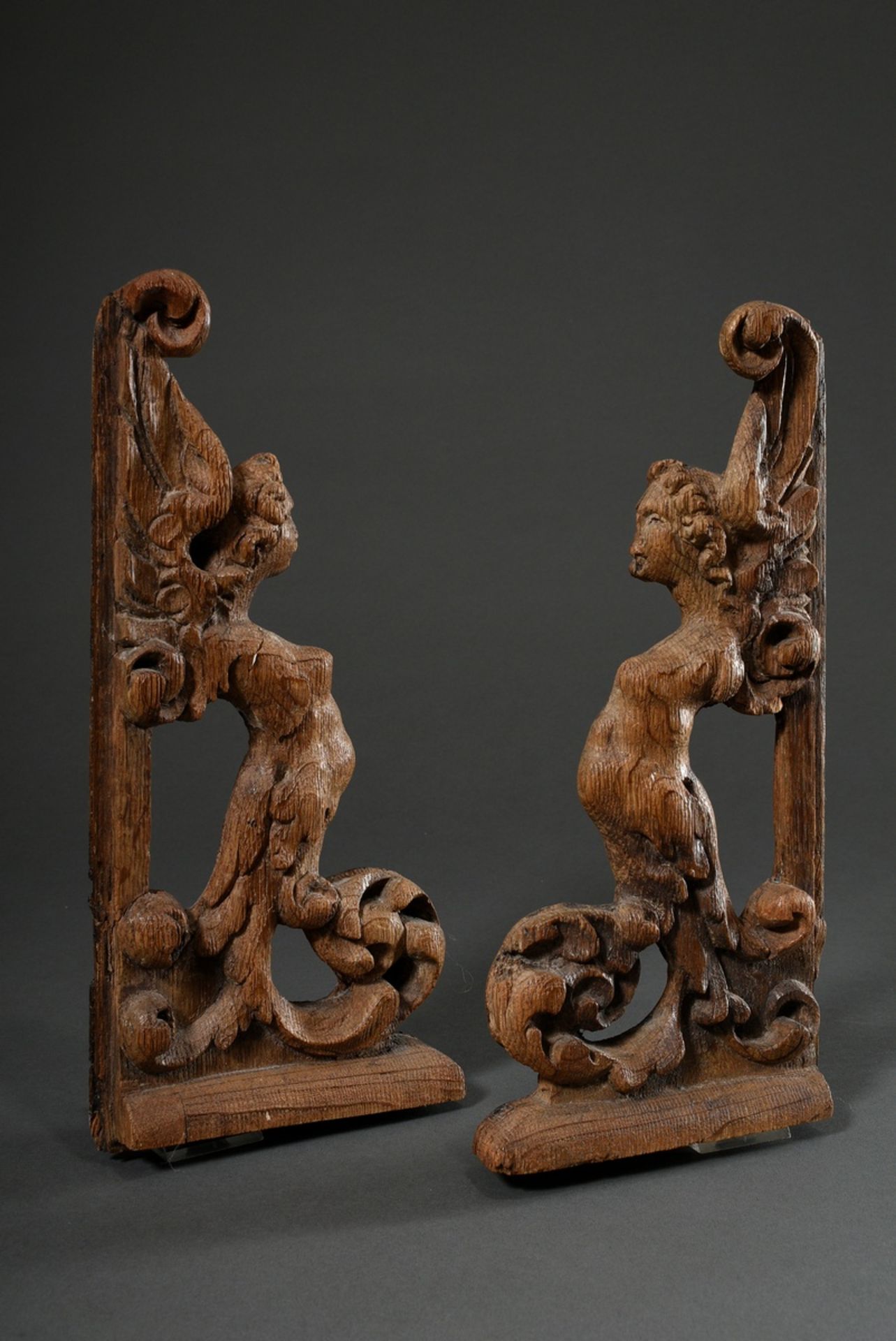 Pair of antique carvings "Harpies", formerly part of a piece of furniture, oak, 32x15x4cm, slightly - Image 3 of 6