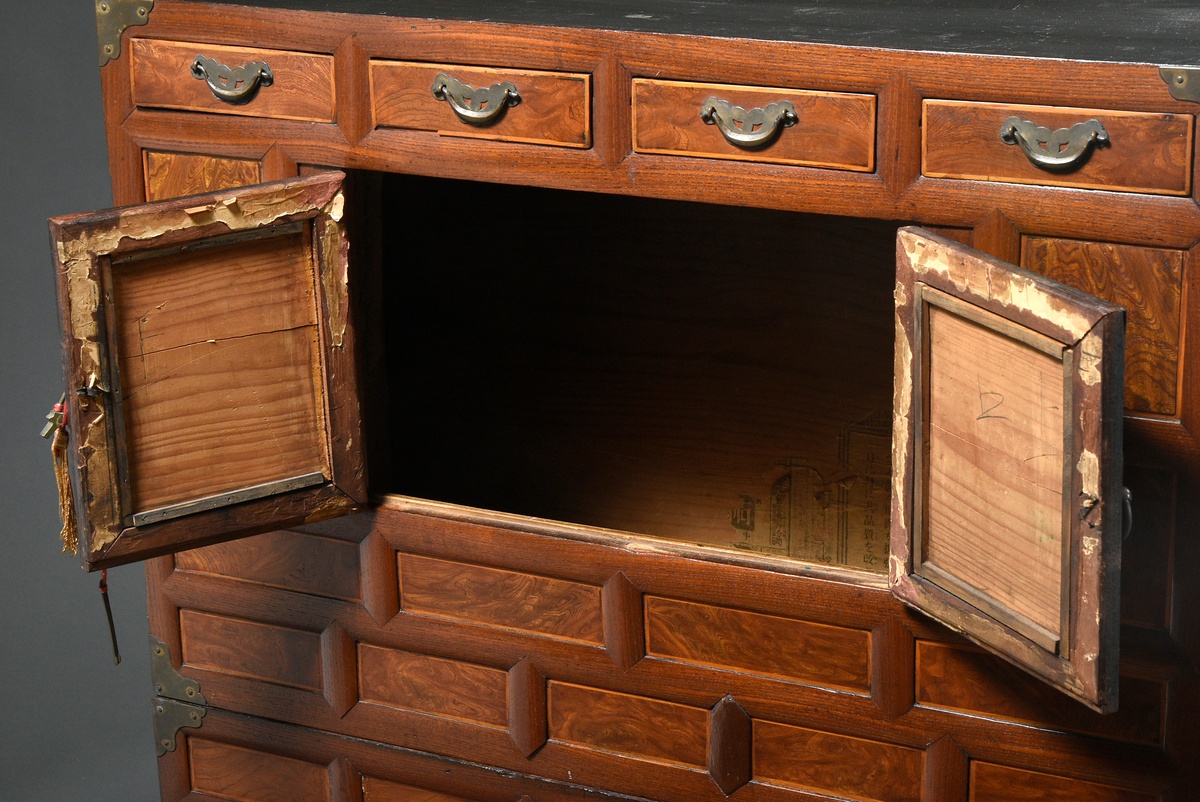 Small Korean cabinet "Icheungjang" with brass "butterfly" fittings on a coffered front with two doo - Image 6 of 9