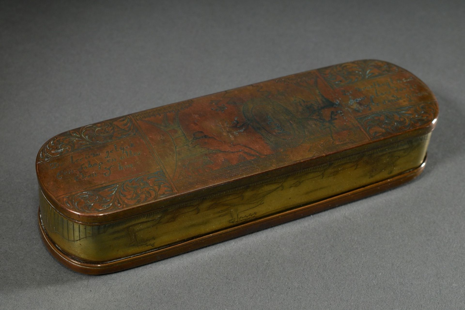 Brass tobacco box with detailed engraving "Creation of Adam" and saying "Siet hier den eersten mens - Image 3 of 9