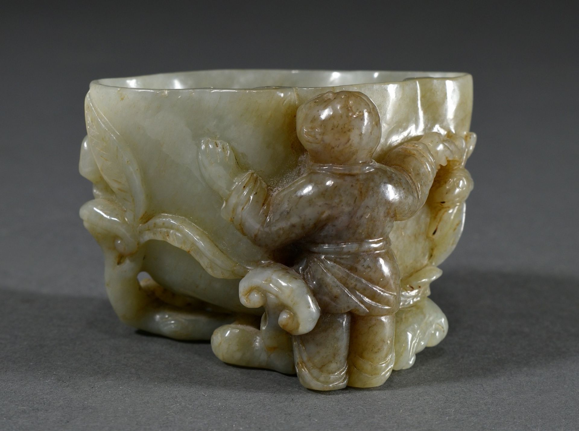 Detailed celadon jade cup "Boy with giant peach and lingzhi mushrooms", China probably Qing Dynasty