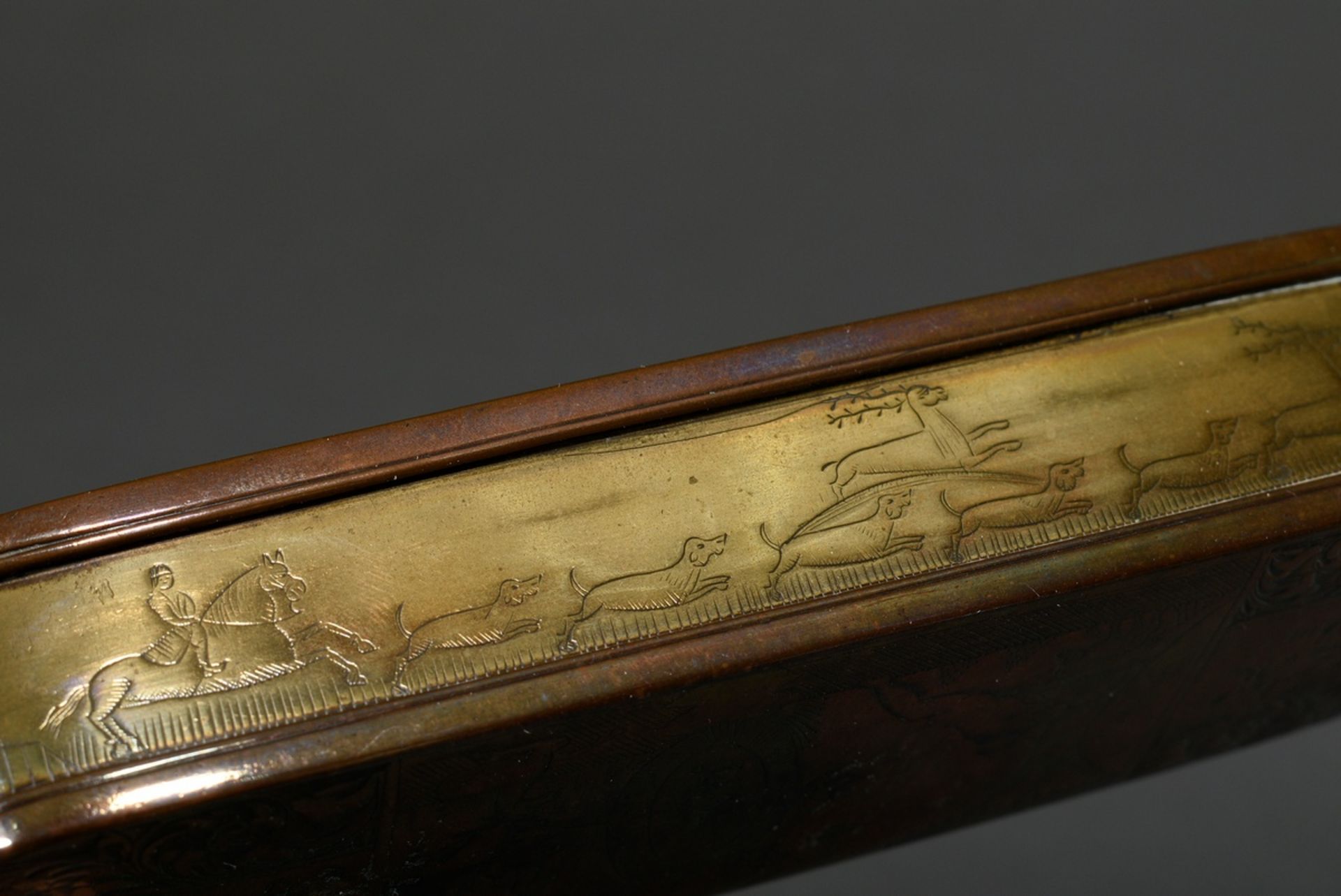 Brass tobacco box with detailed engraving "Creation of Adam" and saying "Siet hier den eersten mens - Image 7 of 9