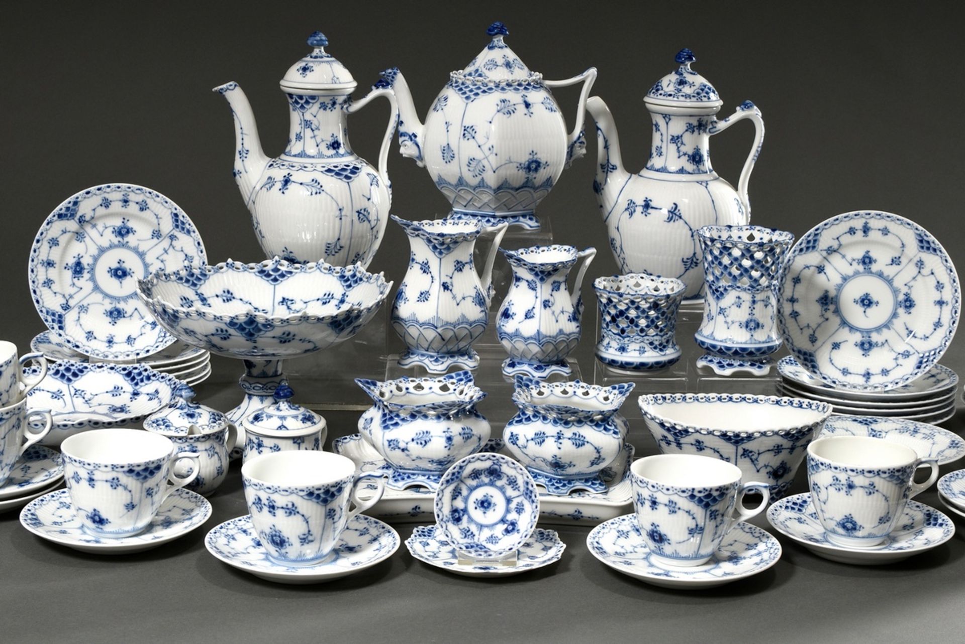 46 piece Royal Copenhagen coffee and tea service "Musselmalet full and half lace", 20th c., consist