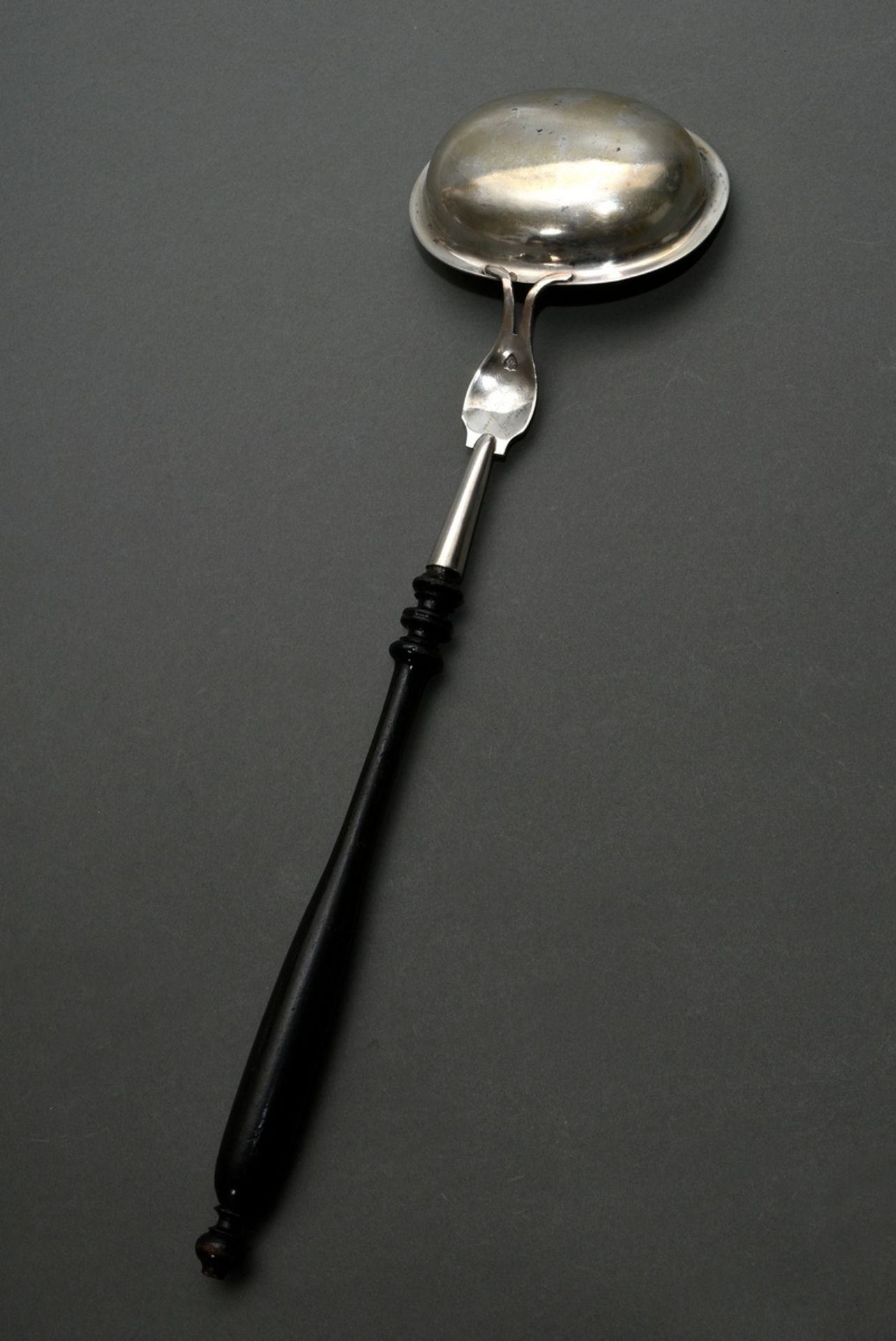 North German Biedermeier ladle with black turned wooden handle, floral engraving, engraved owner's  - Image 2 of 4