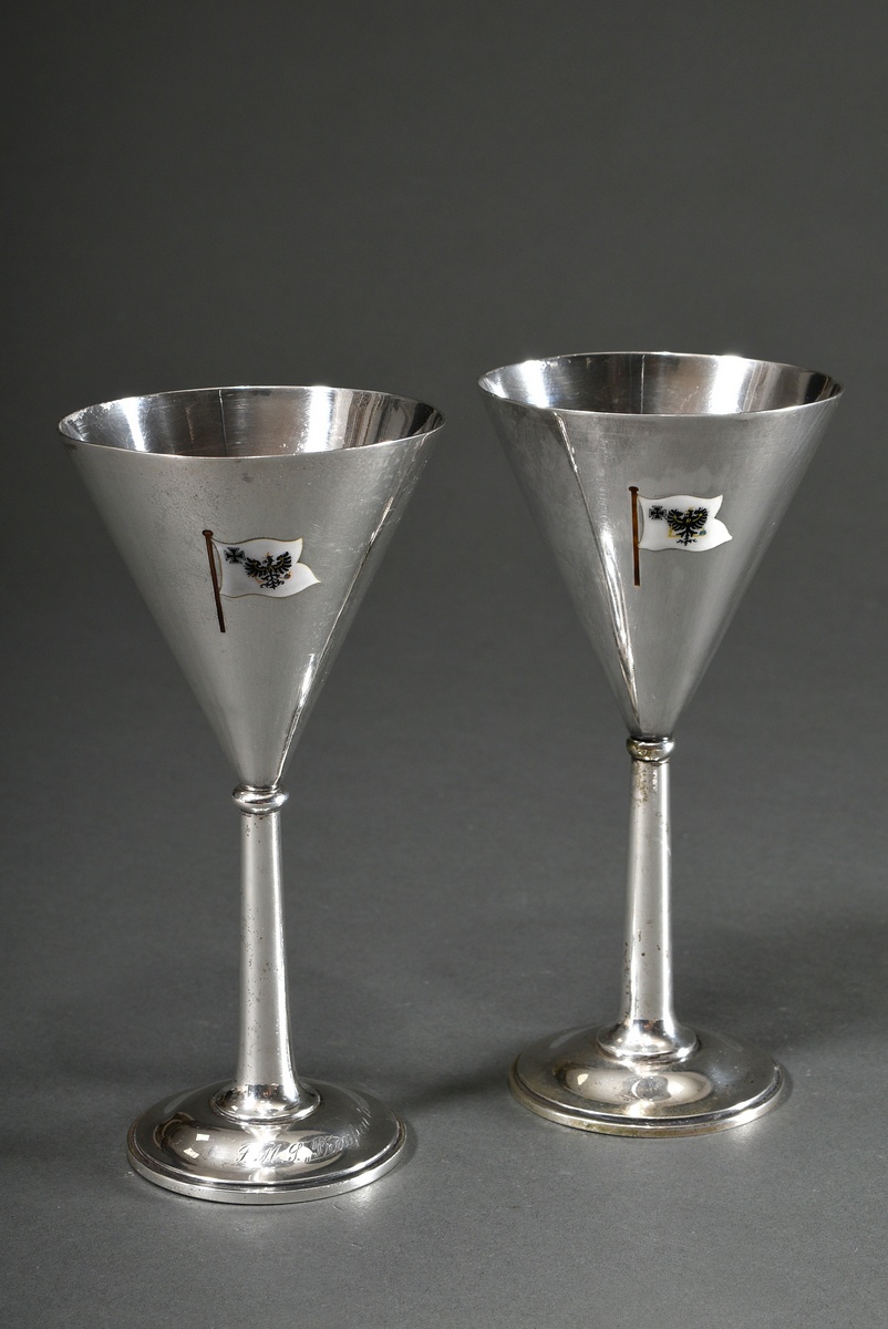 Pair of elegant goblets with enamelled ship's flag of the "S.M.S. Preußen (1903)", 1x engraved at t