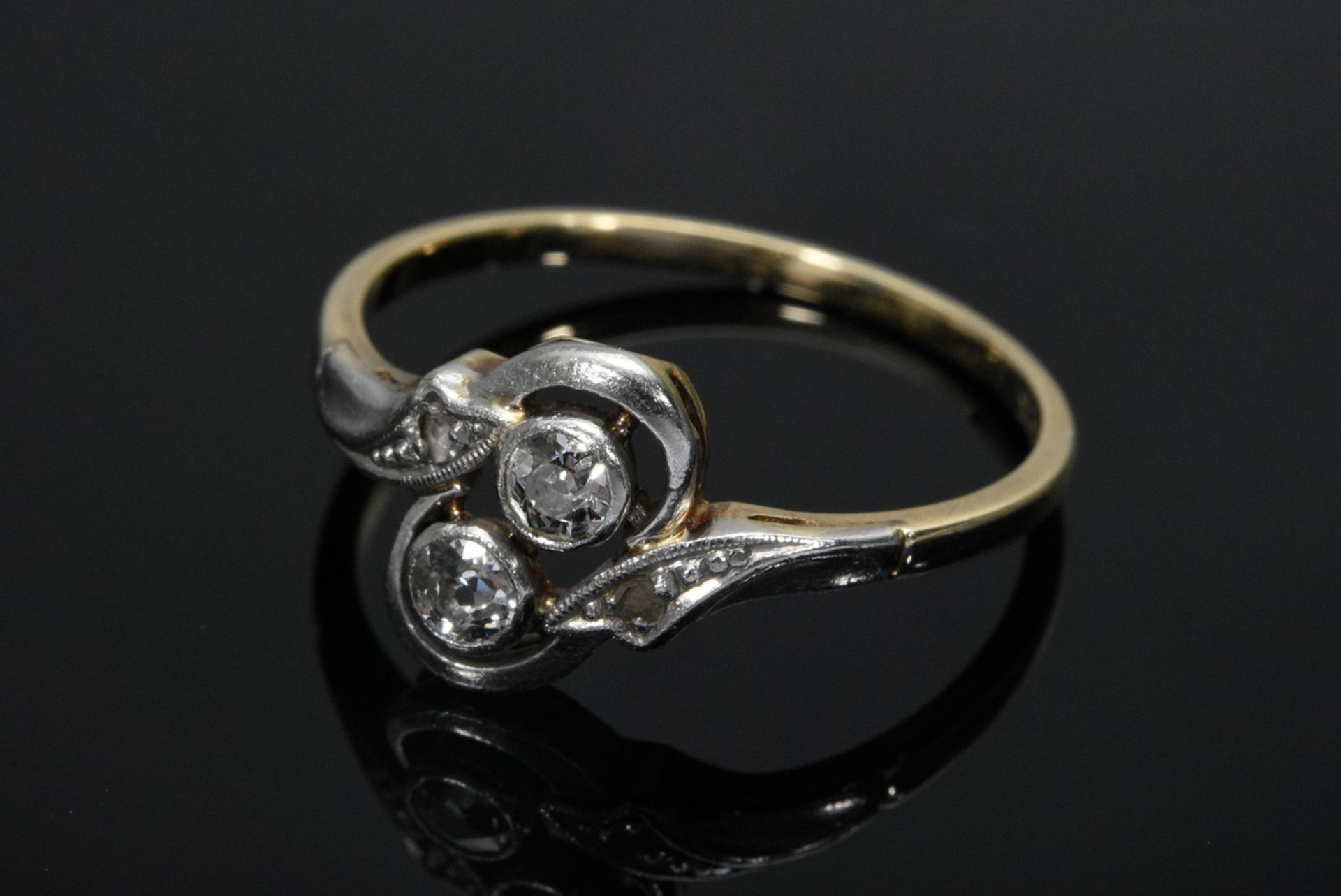 Yellow gold 585/platinum "Toi et moi" ring with 2 old-cut diamonds and diamond roses each (together - Image 2 of 4