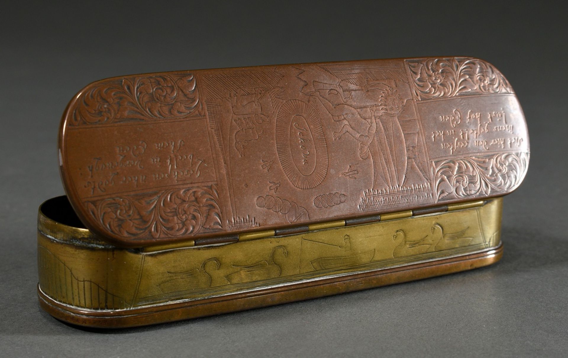 Brass tobacco box with detailed engraving "Creation of Adam" and saying "Siet hier den eersten mens