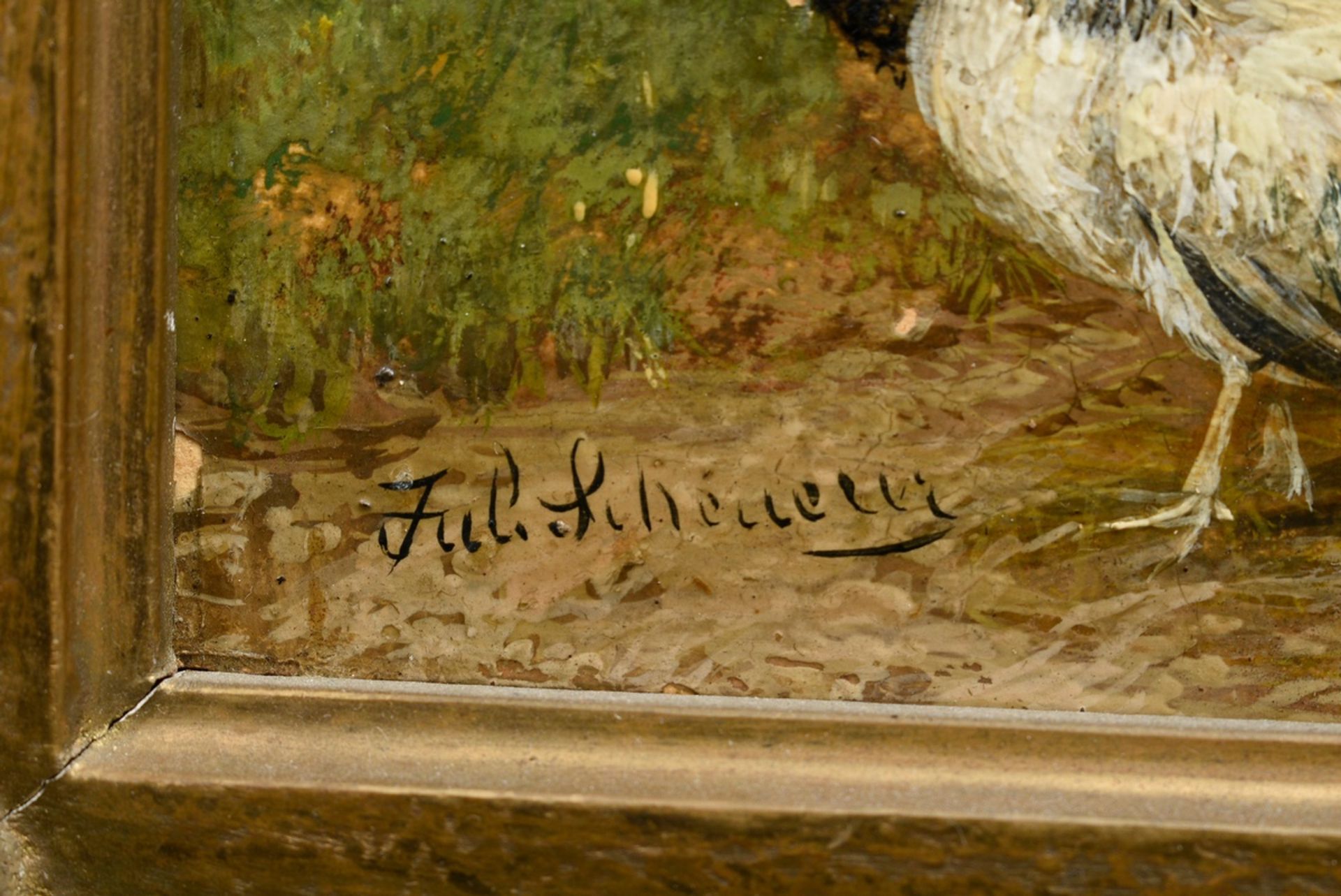 Scheuerer, Julius (1859-1913) "Im Hühnerstall", Öl/Papier auf Holz kaschiert, u.l. sign., Prunkrahm - Bild 3 aus 4