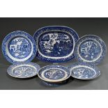 6 Diverse englisches Teile "Willow Pattern" Geschirr: 3 flache Teller (Ø 24cm), 1 tiefer Teller (Ø