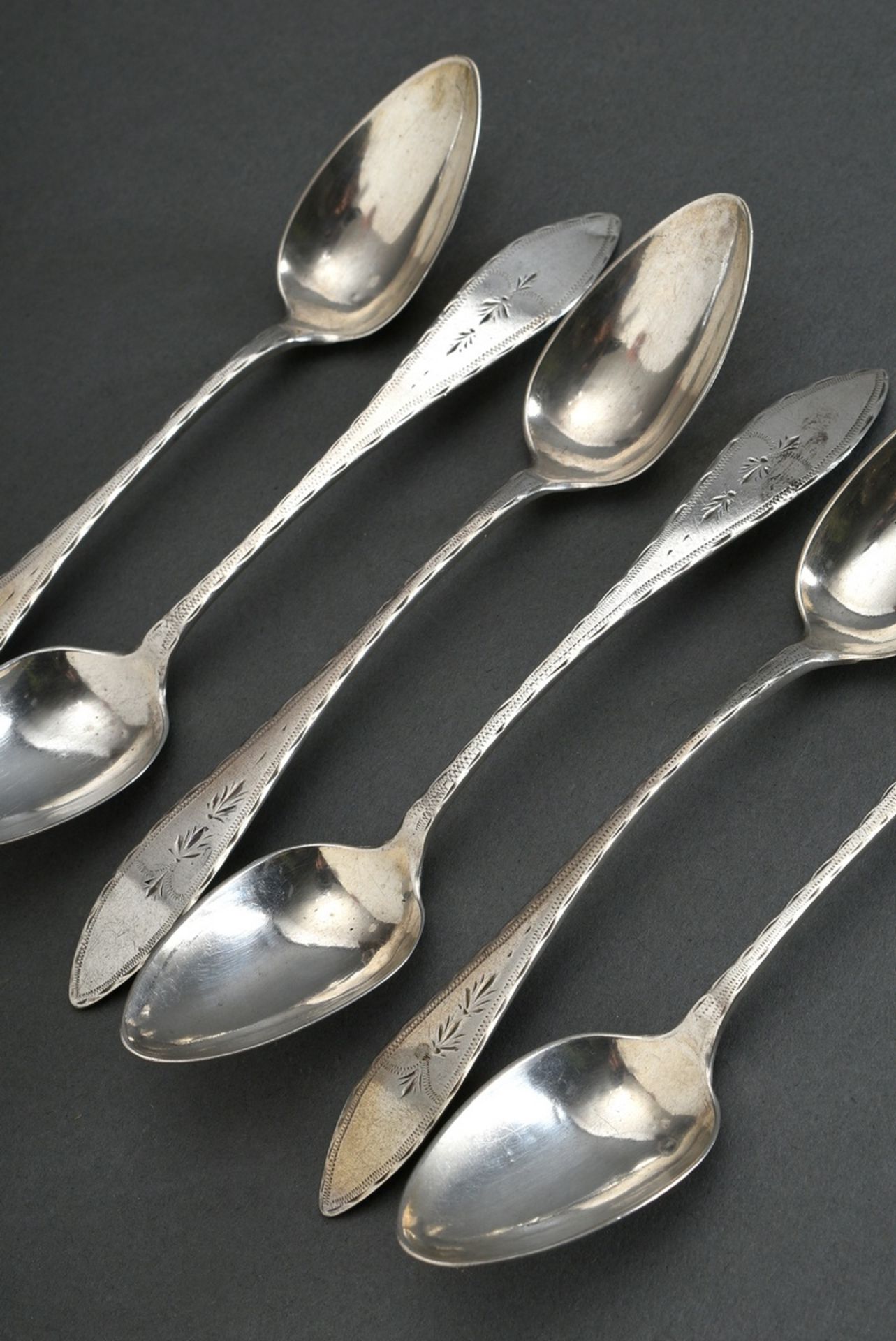 6 Various teaspoons with lancet-shaped handle and floral ornamental brightcut decoration, MM: D.F.H