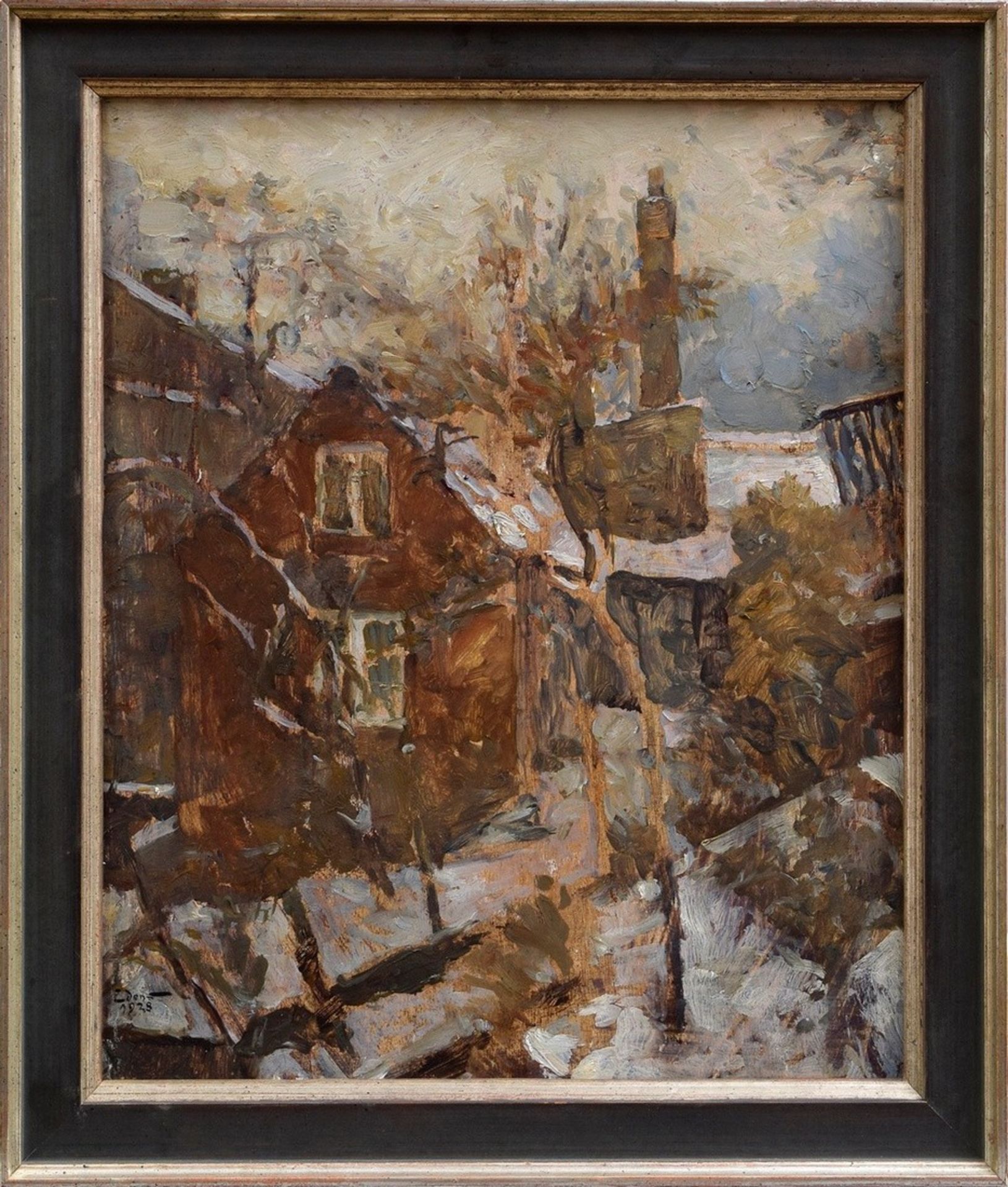 Edens, Henning (1885-1943) "Övelgönne in Winter" 1928, oil/wood, b.l. sign./dat., verso adhesive la - Image 2 of 4