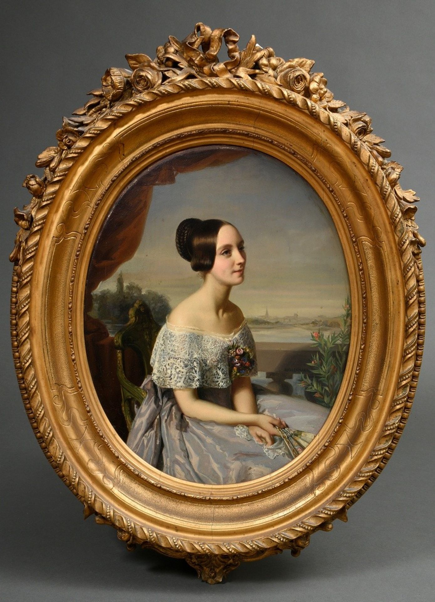 Lehmann, Rudolf Wilhelm August (1819-1905) „Junge Frau vor weiter Landschaft“ um 1850, Öl/Platte, u