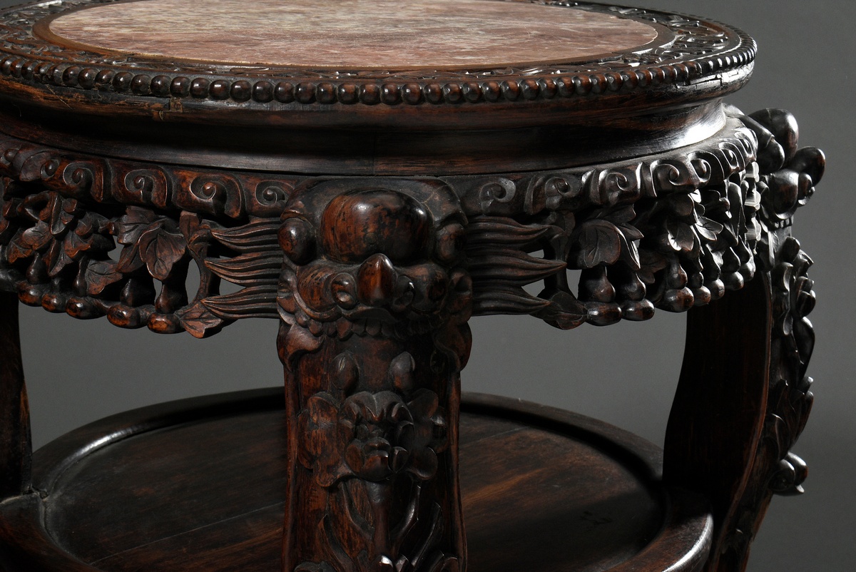 2 Various round redwood stools with richly carved frames and reddish marble tops, late 19th c., h.  - Image 3 of 9