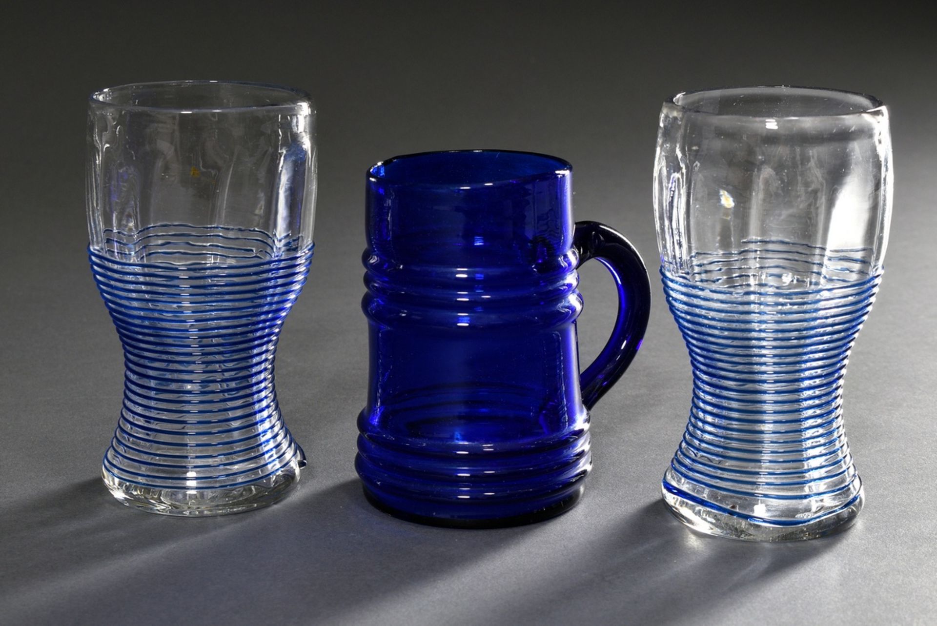 3 Various beer glasses, 19th c.: small cobalt blue jug with beaded decoration and a pair of faceted