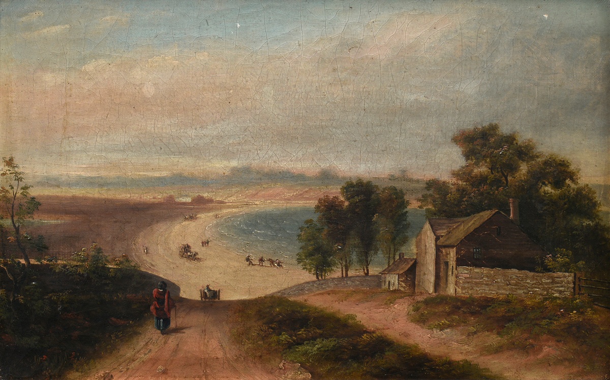 Unknown artist of the 19th c. "Coast path", oil/canvas, 26,2x44cm (w.f 34,8x49,2cm), slightly dirty