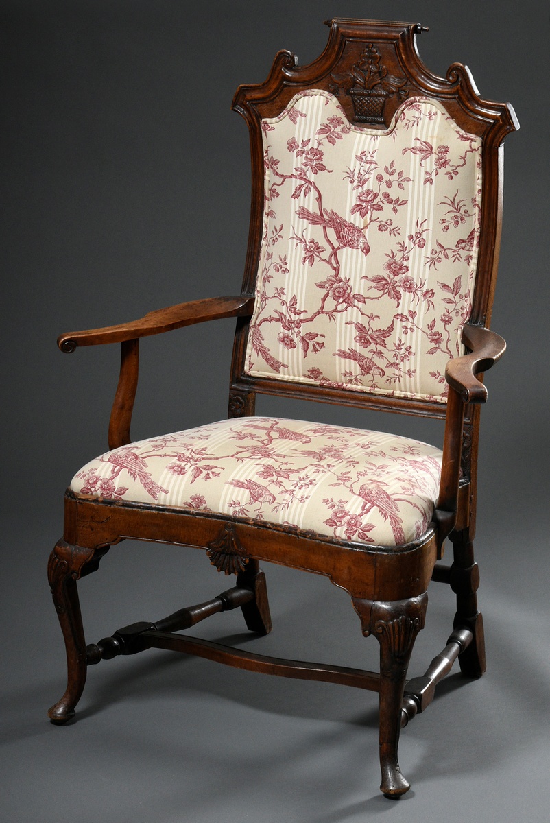 Oak baroque armchair with floral carved backrest, West German 18th century, h. 49/119cm, somewhat u