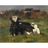 Unbekannter Künstler um 1900 „Liegende Kuh“, Öl/Holz, 16,8x20,8cm (m.R. 31x27cm)